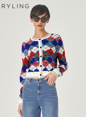 MARYLING玛俪琳春秋新品复古菱形格纹上衣圆领亮片绵羊毛针织开衫
