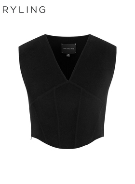 MARYLING玛俪琳秋冬新品黑色短款V领弧形马甲A1DHW28060