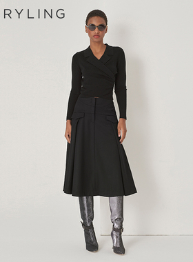 MARYLING玛俪琳初秋新品经典黑色A摆羊毛半身裙A1DGW72250