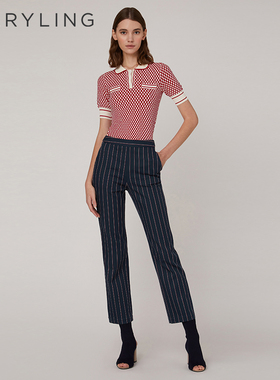 MARYLING玛俪琳夏季小翻领短袖红白格针织套头衫 A1CCW03280