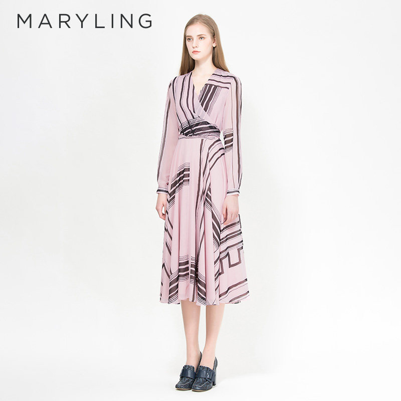 MARYLING玛俪琳春夏季薄雾粉V领休闲收腰长袖优雅连衣裙A1AF65100