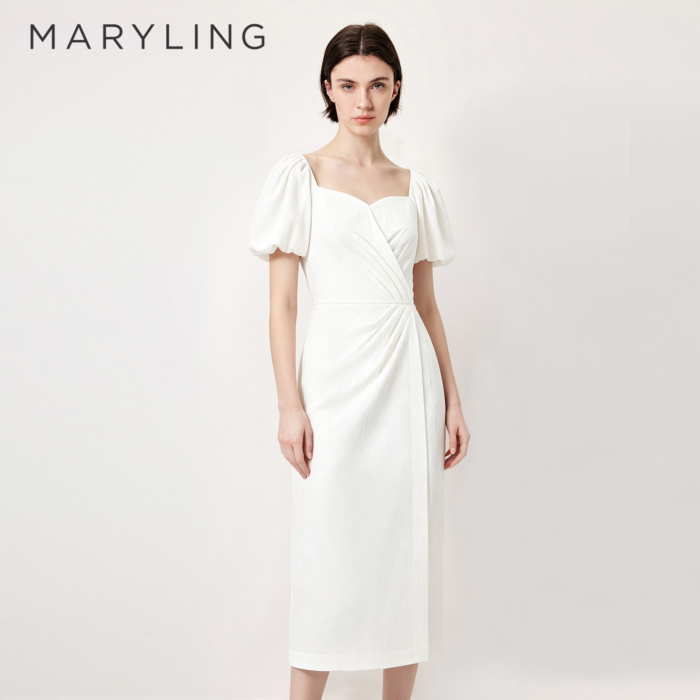 MARYLING玛俪琳夏季新品米白色泡泡袖直筒连衣裙A1DCW62850