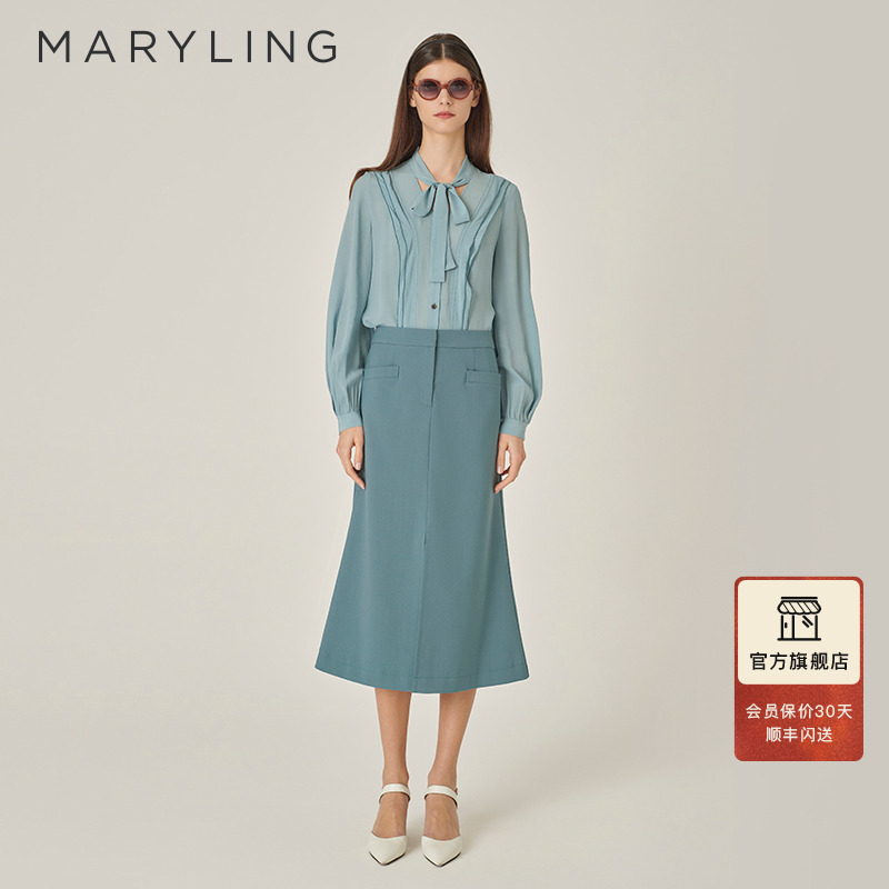 MARYLING雾蓝色荷叶边真丝上衣