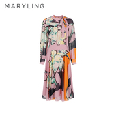 MARYLING玛俪琳春秋新品 小立领飘带气质中长裙大摆印花连衣裙
