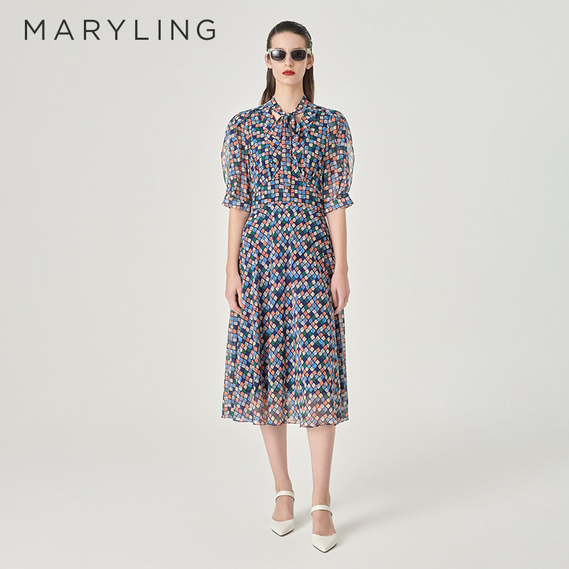 MARYLING玛俪琳夏季新品V领系带格纹印花连衣裙A1ECW65020