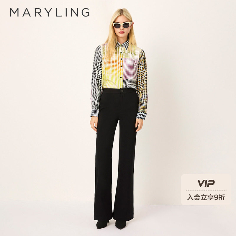 MARYLING玛俪琳2025春季新品撞色菱形格纹真丝衬衫A1F