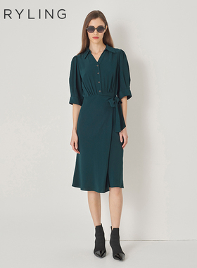 MARYLING玛俪琳初秋新品墨绿色V领中袖衬衫式连衣裙A1DFW61120