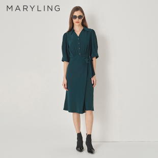 式 衬衫 连衣裙A1DFW61120 墨绿色V领中袖 MARYLING玛俪琳初秋新品