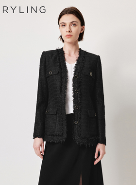 MARYLING玛俪琳2026春夏新品法式V领流苏无领西装外套A1GAW10090