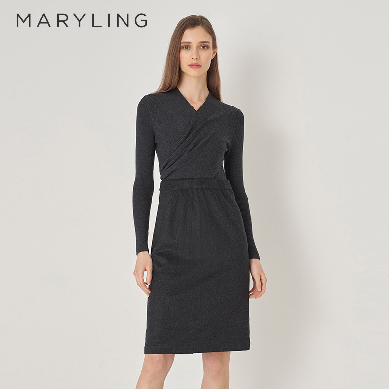 MARYLING玛俪琳秋冬新品灰黑色收腰中长裙羊毛针织连衣裙