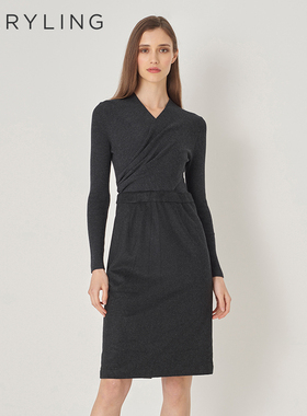 MARYLING玛俪琳秋冬新品灰黑色收腰中长裙羊毛针织连衣裙