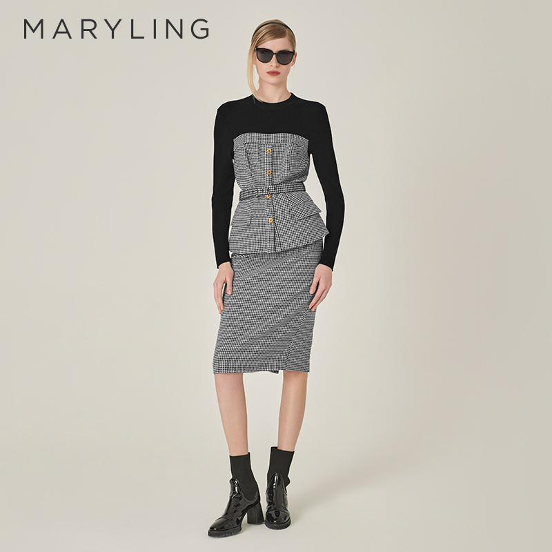 MARYLING黑白千鸟格包臀裙