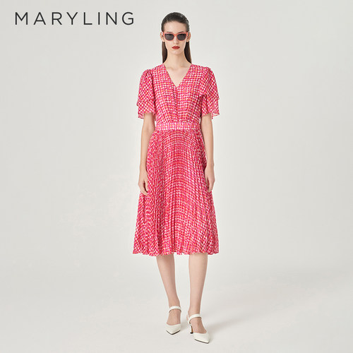 MARYLINGV领千鸟格印花连衣裙