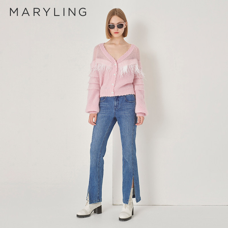 MARYLING玛俪琳秋季新品樱花粉色马海毛针织开衫甜美风上衣