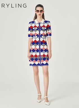 MARYLING玛俪琳24初春新品菱形格纹T恤领针织连衣裙A1EAW04550