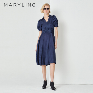 MARYLING玛俪琳初夏午夜蓝V领高级感条纹连衣裙A1DCW62460
