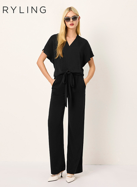 MARYLING玛俪琳2025夏经典黑色V领短袖绑带法式风上衣A1FCW26630