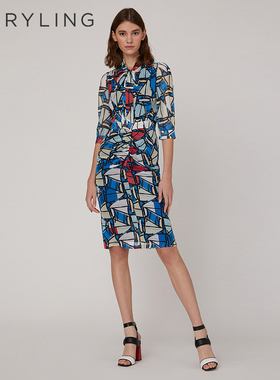 MARYLING玛俪琳夏季蓝色蝴蝶结领印花连衣裙A1CCW62490