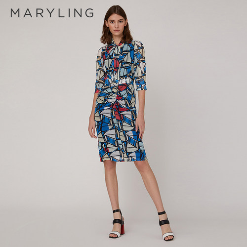 MARYLING蓝色蝴蝶结领印花连衣裙