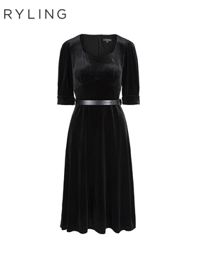 MARYLING玛俪琳初春新品方领高级感黑丝绒连衣裙A1EAW61330