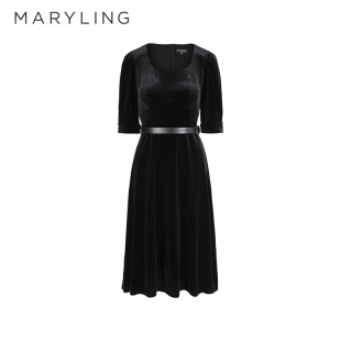 MARYLING玛俪琳初春新品 方领高级感黑丝绒连衣裙A1EAW61330