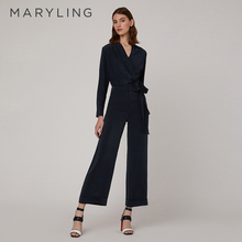 MARYLING玛俪琳夏季深蓝真丝长袖V领蝴蝶结上衣