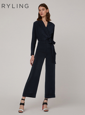 MARYLING玛俪琳夏季深蓝真丝长袖V领蝴蝶结上衣