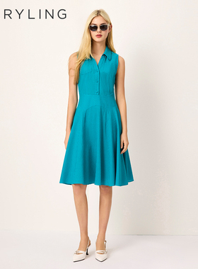 MARYLING玛俪琳2025初夏新品蓝绿条纹翻领A型连衣裙A1FCW62610