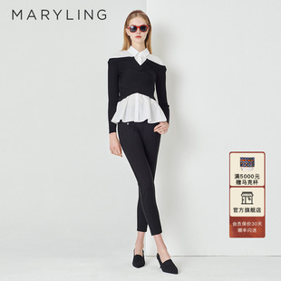 MARYLING玛俪琳秋新品 polo领百搭上衣 经典 黑白撞色针织假两件衬衫