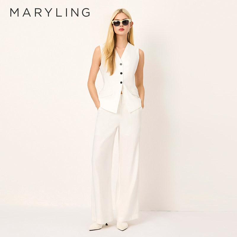 MARYLING玛俪琳2025初夏新品白色纯色V领单排扣马甲A1