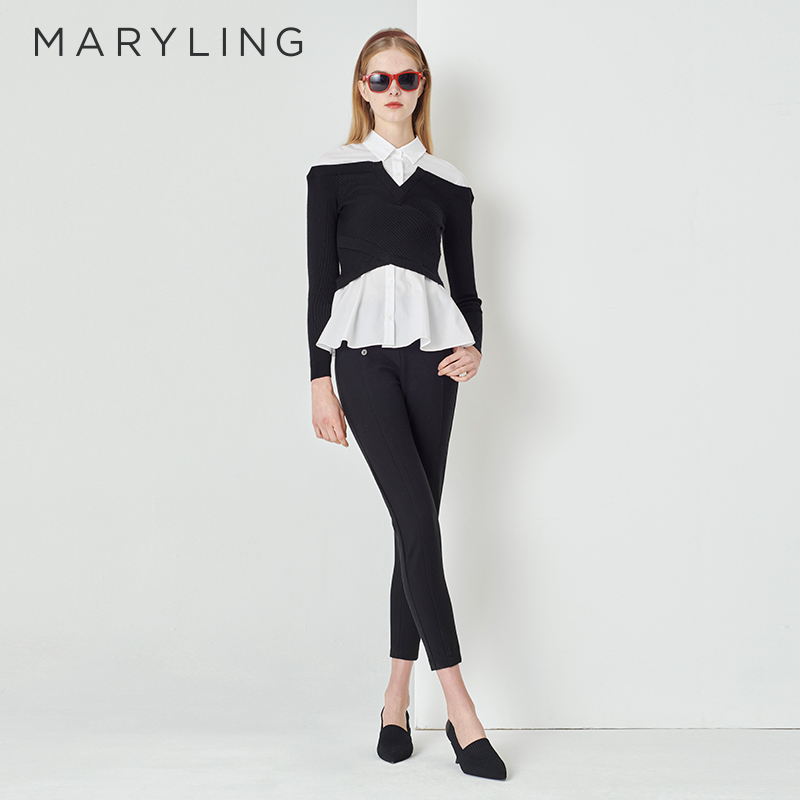 MARYLING黑白撞色针织修身衬衣