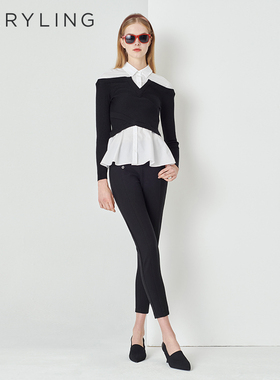 MARYLING玛俪琳秋新品经典黑白撞色针织假两件衬衫polo领百搭上衣