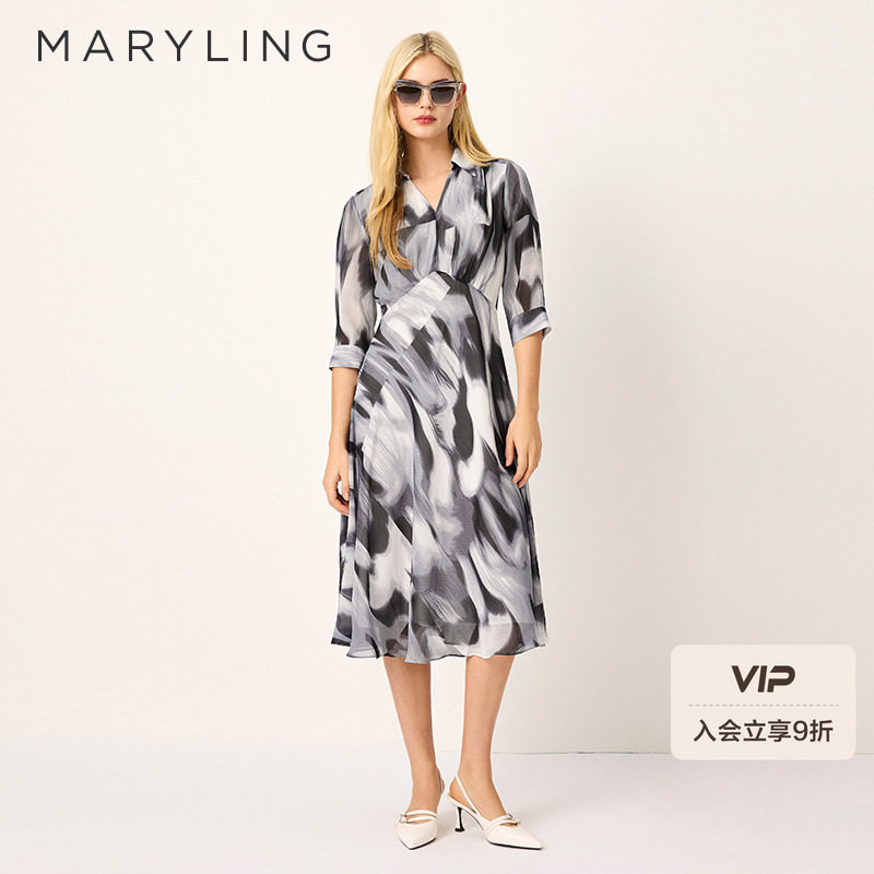 MARYLING玛俪琳2025春季新品V领A摆艺术感印花连衣裙A