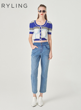 MARYLING玛俪琳夏季新品蓝白拼色针织开衫A1ECW09230