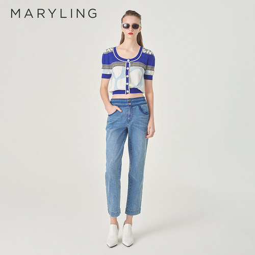MARYLING蓝白拼色圆领针织开衫