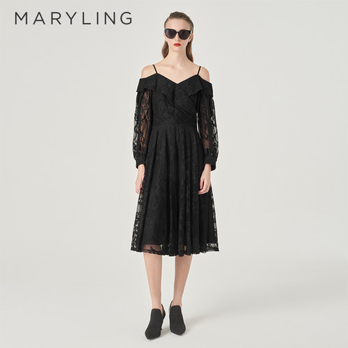 MARYLING露肩吊带蕾丝连衣裙