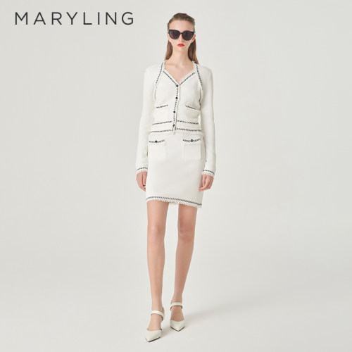 MARYLING黑白撞色V领针织开衫