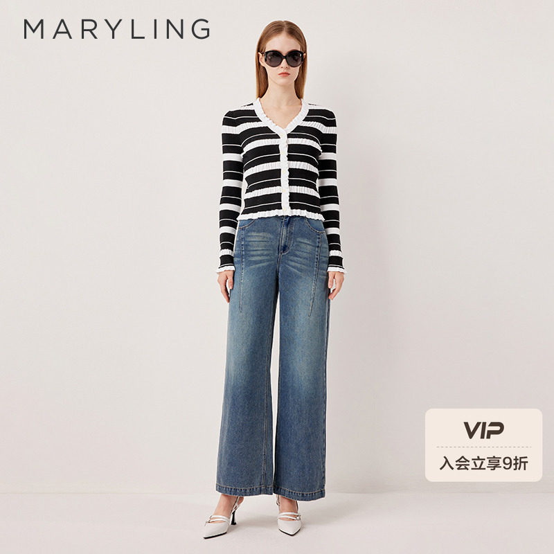 MARYLING玛俪琳2025秋季新品黑白撞色条纹V领针织开衫A