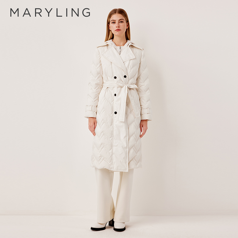 MARYLING玛俪琳2025冬季新品大翻领拼接奶白色长羽绒服A1FHW98040
