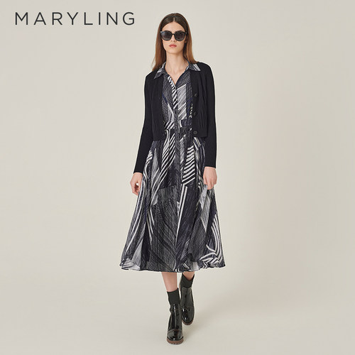 MARYLINGV型衬衫领印花连衣裙