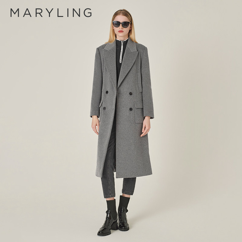 MARYLING玛俪琳冬季新品灰色双排扣西装领大衣外套A1EHW