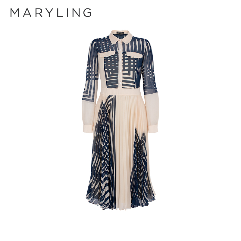 MARYLING压褶印花衬衫连衣裙