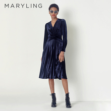 MARYLING玛俪琳春季收腰深蓝色丝绒褶皱连衣裙A1CGW62960