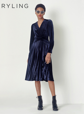 MARYLING玛俪琳春季收腰深蓝色丝绒褶皱连衣裙A1CGW62960