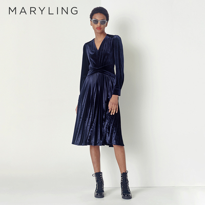 MARYLING玛俪琳春季收腰深蓝色丝绒褶皱连衣裙A1CGW62960