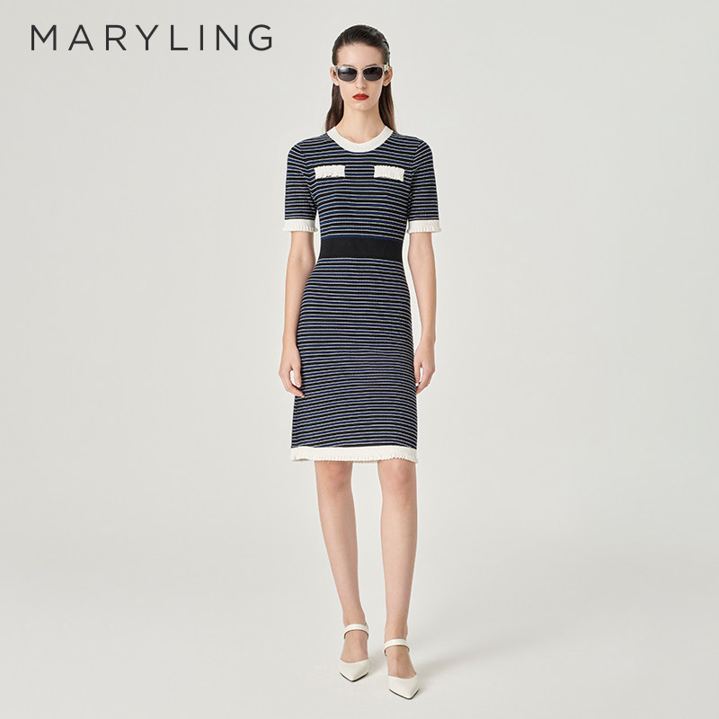 MARYLING玛俪琳夏季新品蓝白拼色圆领针织连衣裙A1ECW04850