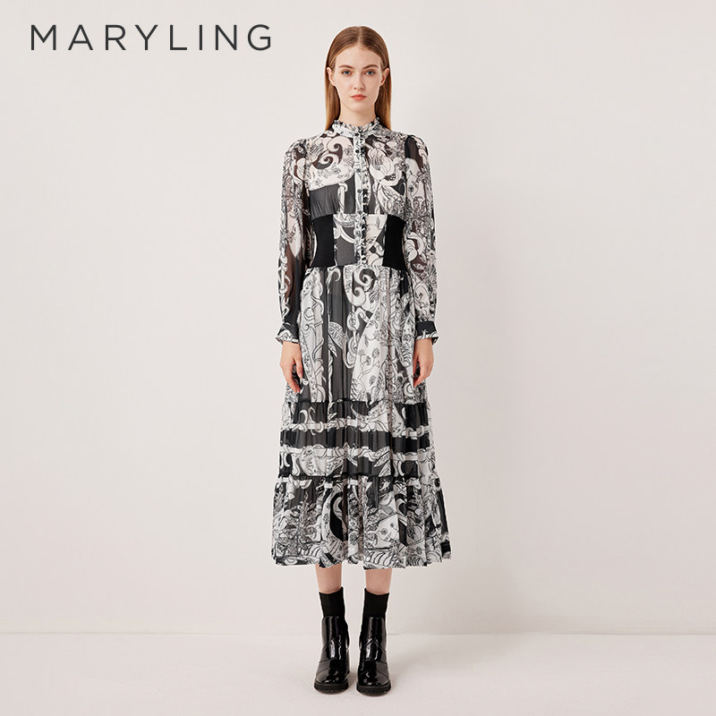 MARYLING玛俪琳2025秋季新品佩斯利花纹立领印花连衣裙A1FGW61210