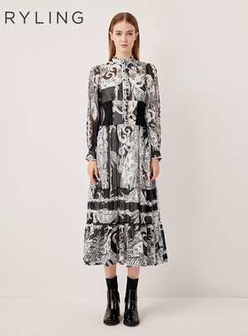MARYLING玛俪琳2025秋季新品佩斯利花纹立领印花连衣裙A1FGW61210