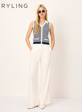 MARYLING玛俪琳2025夏季新品蓝白条纹翻领针织背心A1FDW07570