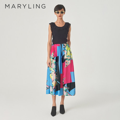 MARYLING蓝红蔷薇印花半身裙